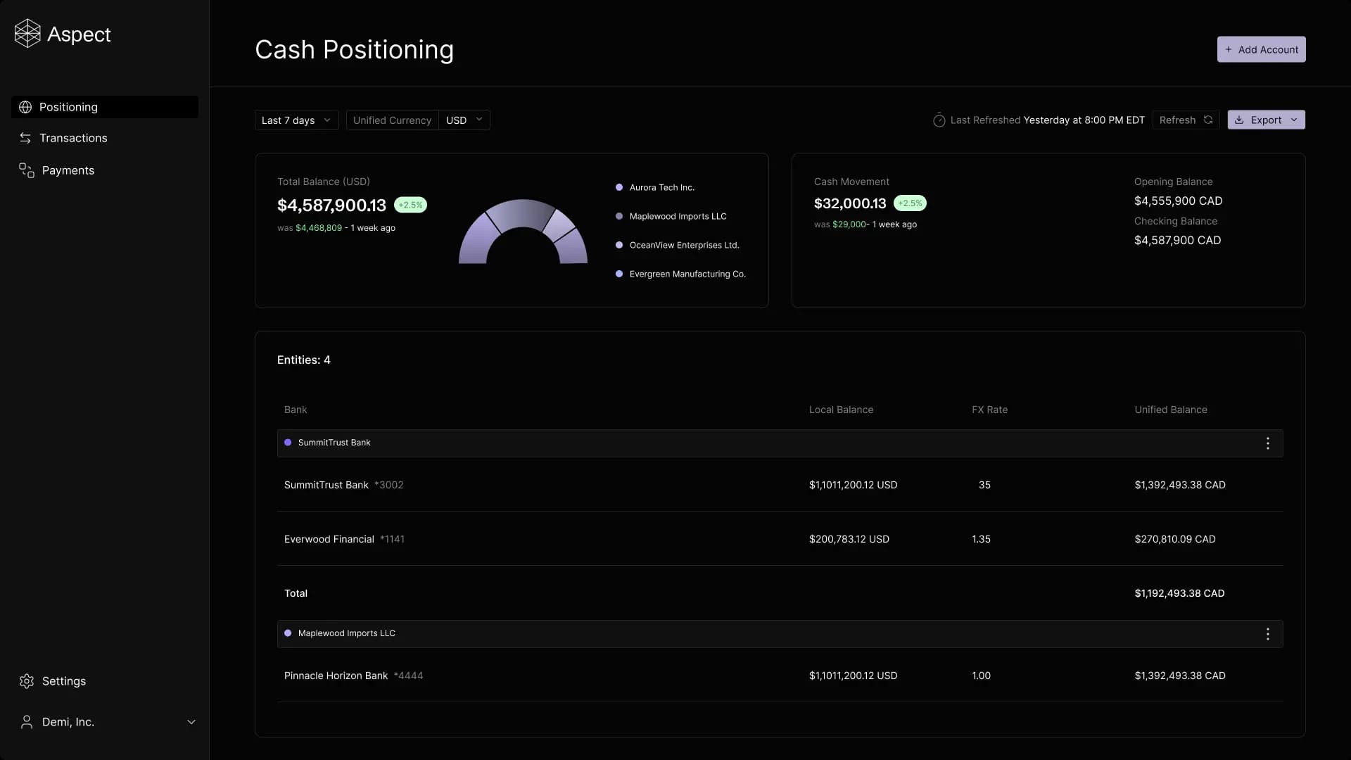 Vista product interface showing connected banks